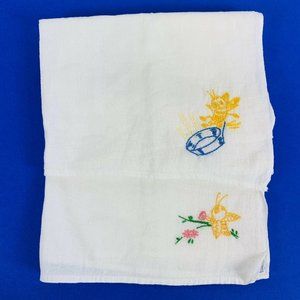 Vintage Embroidered Linen Tea Towels Bumble Bee White Yellow Flower Pie Pan